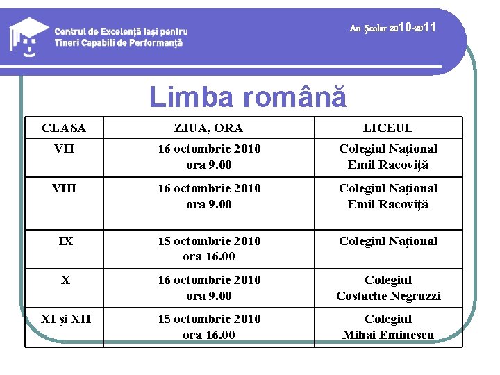 An şcolar 2010 -2011 Limba română CLASA ZIUA, ORA LICEUL VII 16 octombrie 2010