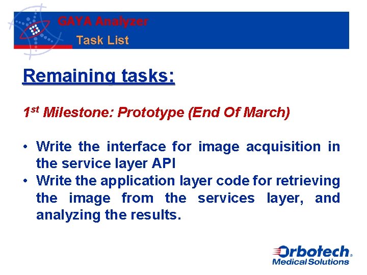 GAYA Analyzer Task List Remaining tasks: 1 st Milestone: Prototype (End Of March) •