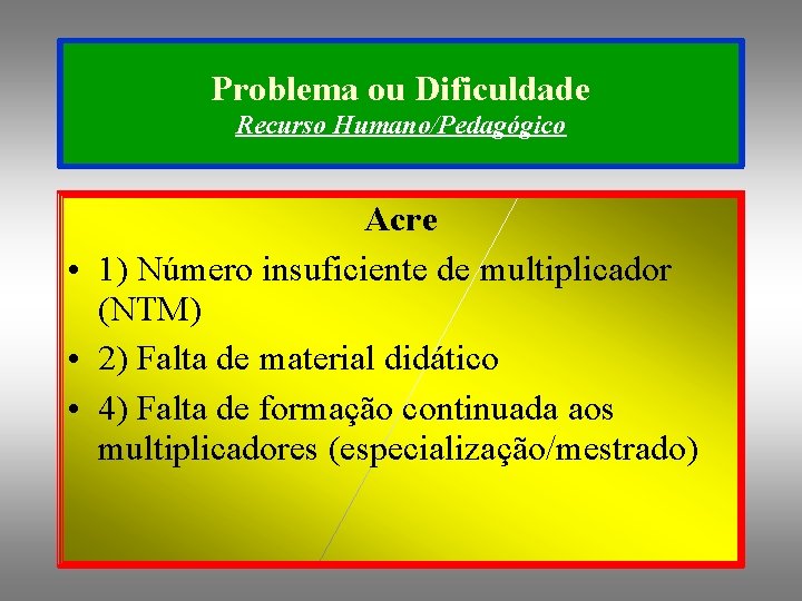 Problema ou Dificuldade Recurso Humano/Pedagógico Acre • 1) Número insuficiente de multiplicador (NTM) •