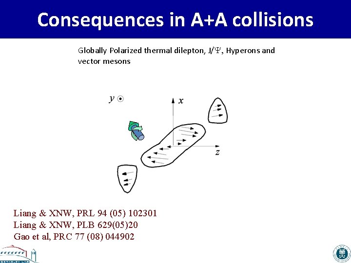 Consequences in A+A collisions Globally Polarized thermal dilepton, J/Y, Hyperons and vector mesons Liang
