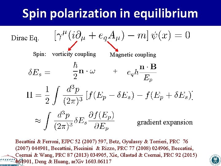 Spin polarization in equilibrium Dirac Eq. Spin: vorticity coupling Magnetic coupling + gradient expansion