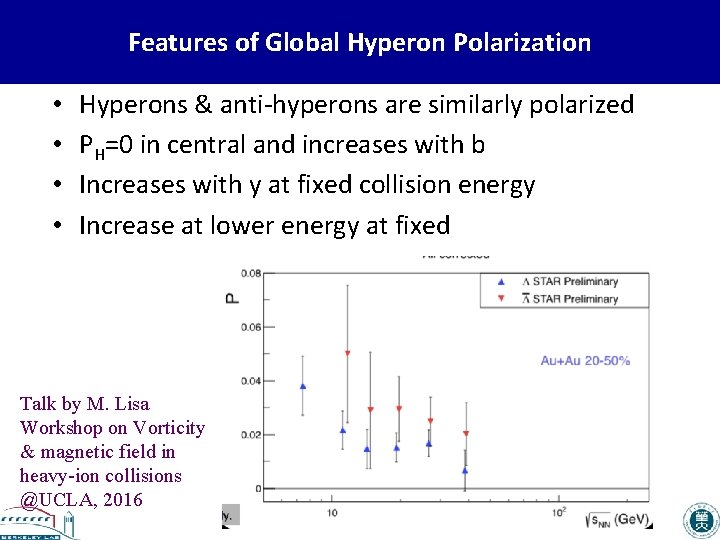 Features of Global Hyperon Polarization • • Hyperons & anti-hyperons are similarly polarized PH=0