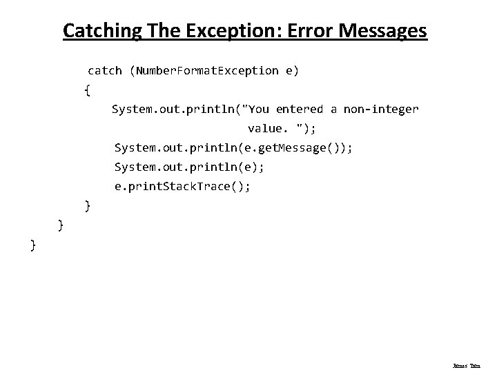 Catching The Exception: Error Messages catch (Number. Format. Exception e) { System. out. println("You