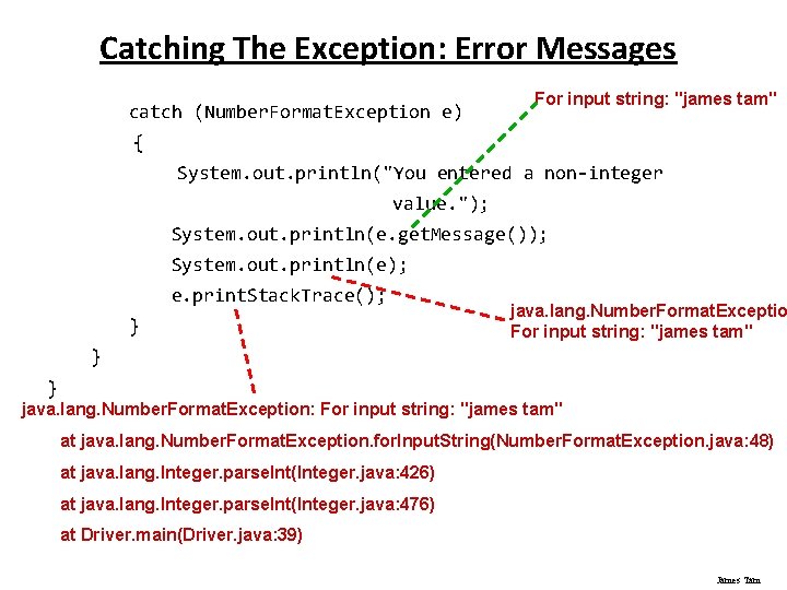 Catching The Exception: Error Messages catch (Number. Format. Exception e) For input string: "james