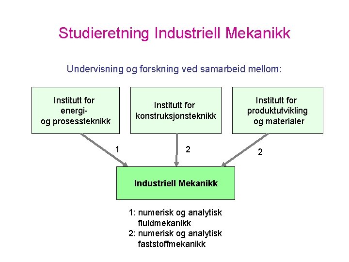 Studieretning Industriell Mekanikk Undervisning og forskning ved samarbeid mellom: Institutt for energiog prosessteknikk Institutt