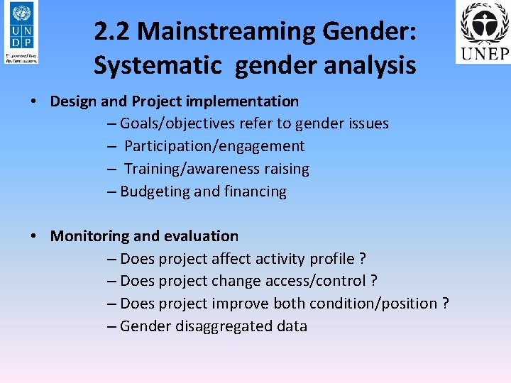 2. 2 Mainstreaming Gender: Systematic gender analysis • Design and Project implementation – Goals/objectives