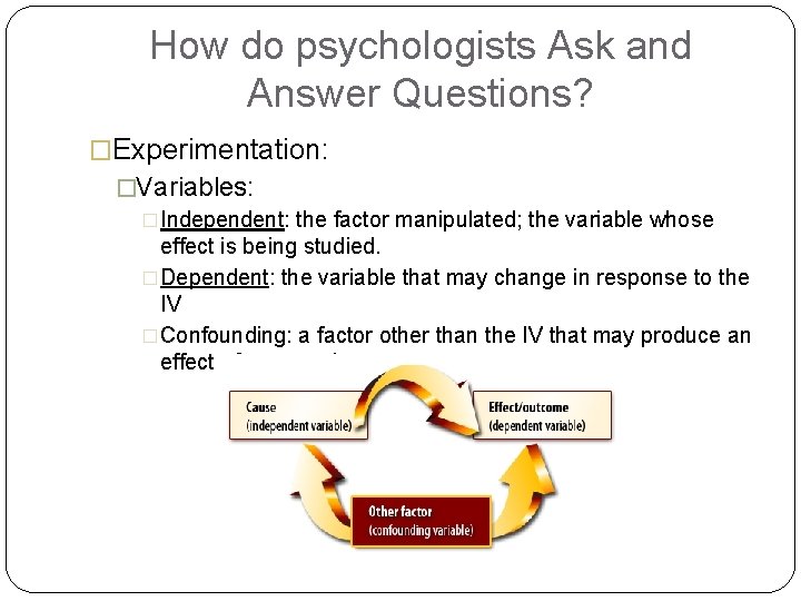 How do psychologists Ask and Answer Questions? �Experimentation: �Variables: �Independent: the factor manipulated; the