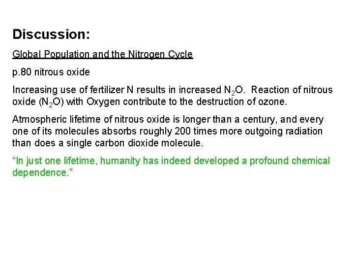 Discussion: Global Population and the Nitrogen Cycle p. 80 nitrous oxide Increasing use of