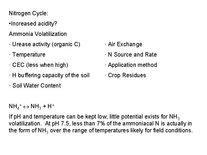 Nitrogen Cycle: • Increased acidity? Ammonia Volatilization · Urease activity (organic C) · Air