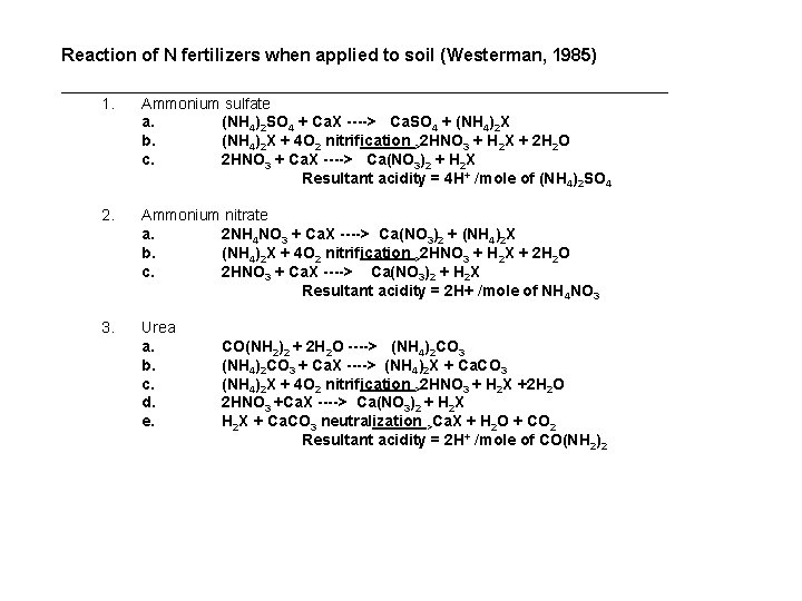Reaction of N fertilizers when applied to soil (Westerman, 1985) ___________________________________ 1. Ammonium sulfate