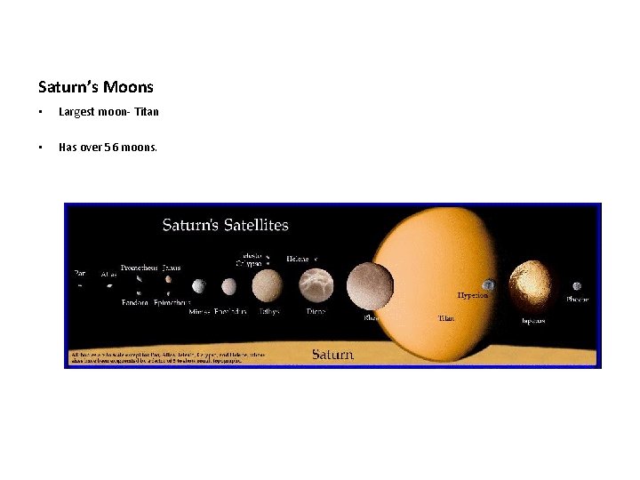Saturn’s Moons • Largest moon- Titan • Has over 56 moons. 