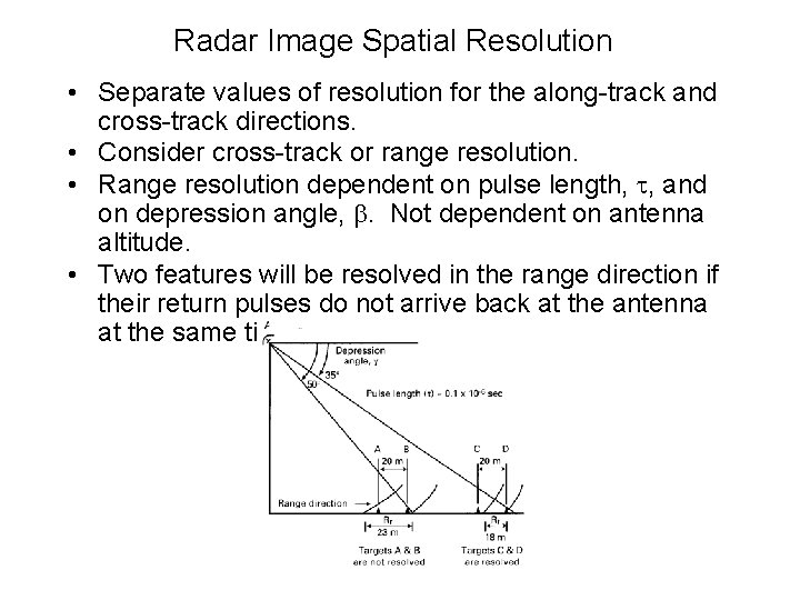 Radar Image Spatial Resolution • Separate values of resolution for the along-track and cross-track