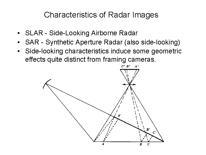 Characteristics of Radar Images • SLAR - Side-Looking Airborne Radar • SAR - Synthetic