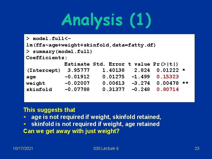 Analysis (1) > model. full<lm(ffa~age+weight+skinfold, data=fatty. df) > summary(model. full) Coefficients: Estimate Std. Error
