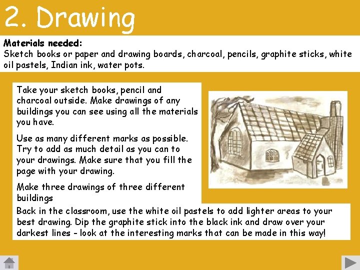 2. Drawing Materials needed: Sketch books or paper and drawing boards, charcoal, pencils, graphite