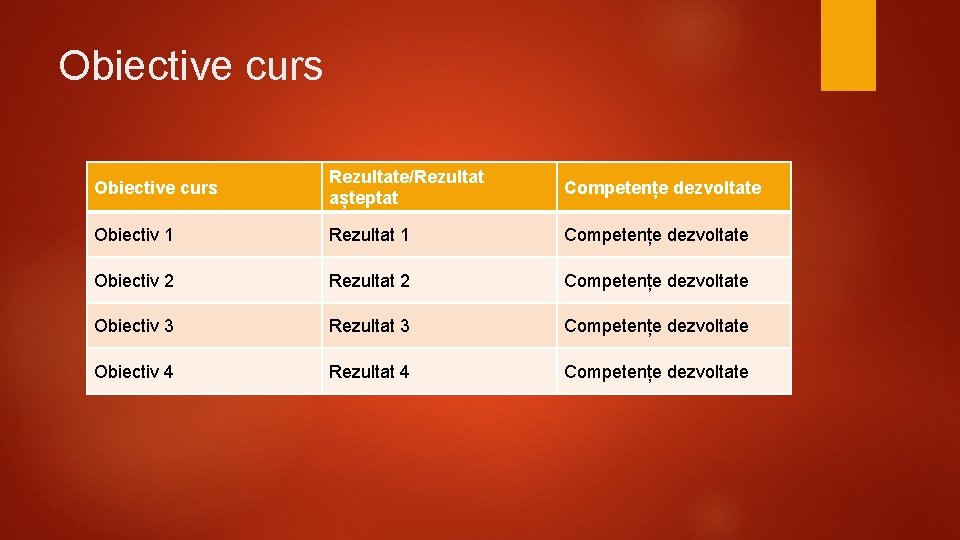 Obiective curs Rezultate/Rezultat așteptat Competențe dezvoltate Obiectiv 1 Rezultat 1 Competențe dezvoltate Obiectiv 2