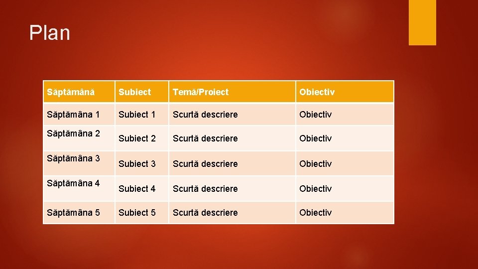 Plan Săptămână Subiect Temă/Proiect Obiectiv Săptămâna 1 Subiect 1 Scurtă descriere Obiectiv Subiect 2