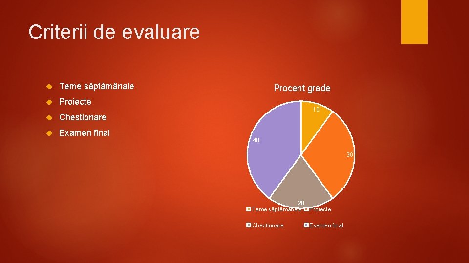 Criterii de evaluare Teme săptămânale Proiecte Chestionare Examen final Procent grade 10 40 30