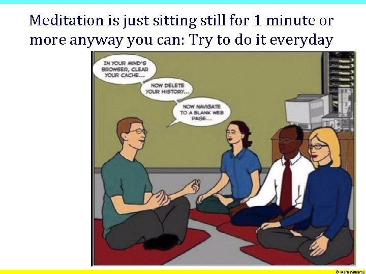 Meditation is just sitting still for 1 minute or more anyway you can: Try