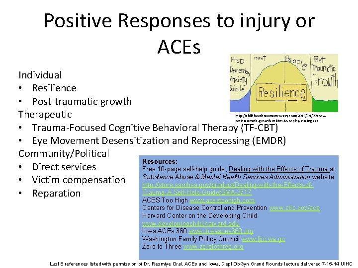 Positive Responses to injury or ACEs Individual • Resilience • Post-traumatic growth Therapeutic •