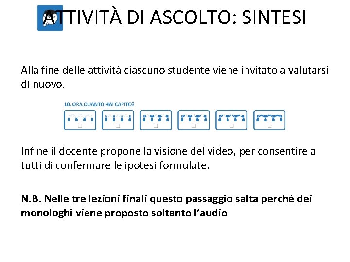 ATTIVITÀ DI ASCOLTO: SINTESI Alla fine delle attività ciascuno studente viene invitato a valutarsi