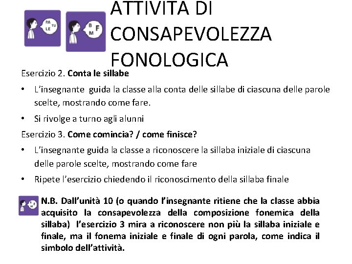 ATTIVITÀ DI CONSAPEVOLEZZA FONOLOGICA Esercizio 2. Conta le sillabe • L’insegnante guida la classe