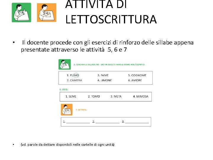 ATTIVITÀ DI LETTOSCRITTURA • Il docente procede con gli esercizi di rinforzo delle sillabe