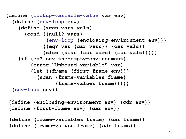 (define (lookup-variable-value var env) (define (env-loop env) (define (scan vars vals) (cond ((null? vars)