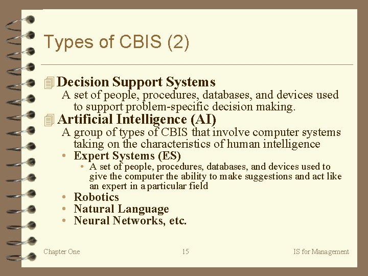 Types of CBIS (2) 4 Decision Support Systems A set of people, procedures, databases,