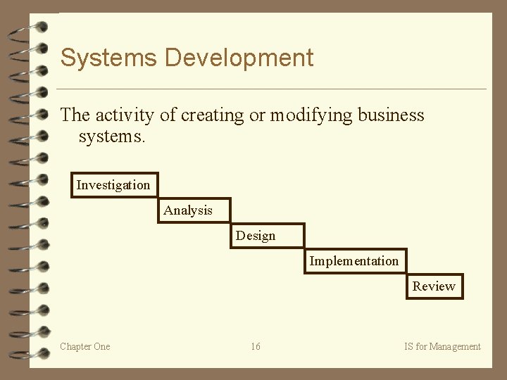 Systems Development The activity of creating or modifying business systems. Investigation Analysis Design Implementation