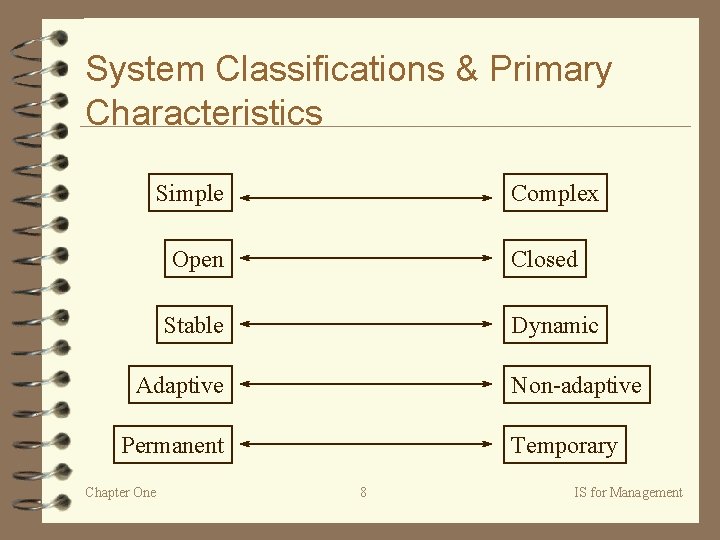 System Classifications & Primary Characteristics Simple Complex Open Closed Stable Dynamic Adaptive Non-adaptive Permanent