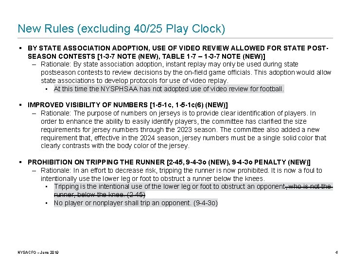 New Rules (excluding 40/25 Play Clock) § BY STATE ASSOCIATION ADOPTION, USE OF VIDEO