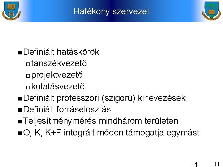 Hatékony szervezet Definiált hatáskörök tanszékvezető projektvezető kutatásvezető Definiált professzori (szigorú) kinevezések Definiált forráselosztás Teljesítménymérés