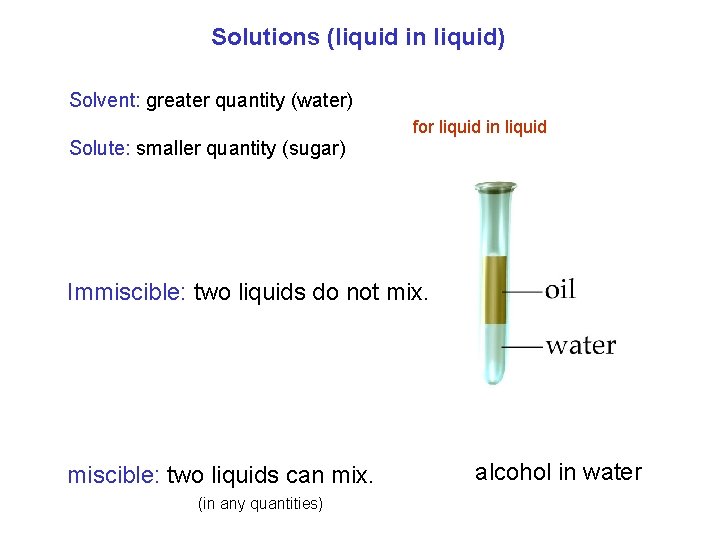 Solutions (liquid in liquid) Solvent: greater quantity (water) for liquid in liquid Solute: smaller