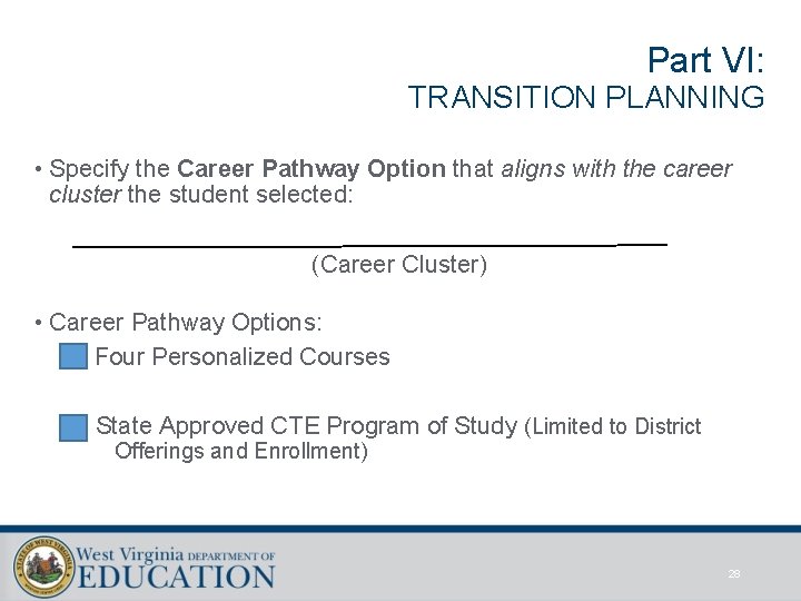 Part VI: TRANSITION PLANNING • Specify the Career Pathway Option that aligns with the