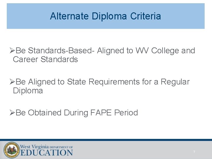 Alternate Diploma Criteria ØBe Standards-Based- Aligned to WV College and Career Standards ØBe Aligned