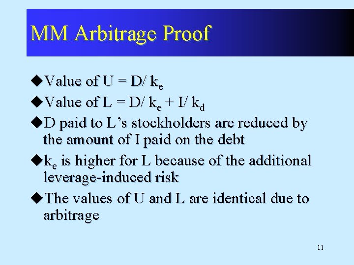 MM Arbitrage Proof u. Value of U = D/ ke u. Value of L