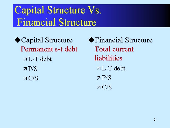 Capital Structure Vs. Financial Structure u. Capital Structure Permanent s-t debt ä L-T debt