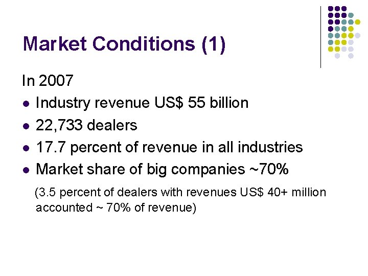 Market Conditions (1) In 2007 l Industry revenue US$ 55 billion l 22, 733