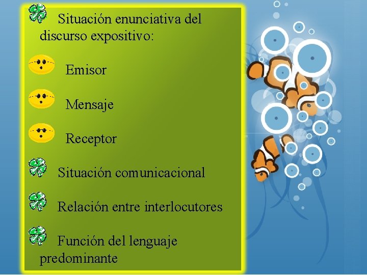 Situación enunciativa del discurso expositivo: Emisor Mensaje Receptor Situación comunicacional Relación entre interlocutores Función