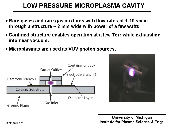 LOW PRESSURE MICROPLASMA CAVITY · Rare gases and rare-gas mixtures with flow rates of