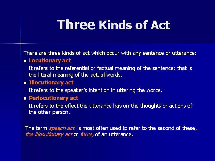 Three Kinds of Act There are three kinds of act which occur with any