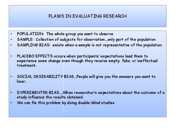 FLAWS IN EVALUATING RESEARCH • • • POPULATION: The whole group you want to