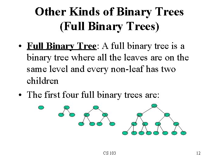 Other Kinds of Binary Trees (Full Binary Trees) • Full Binary Tree: A full