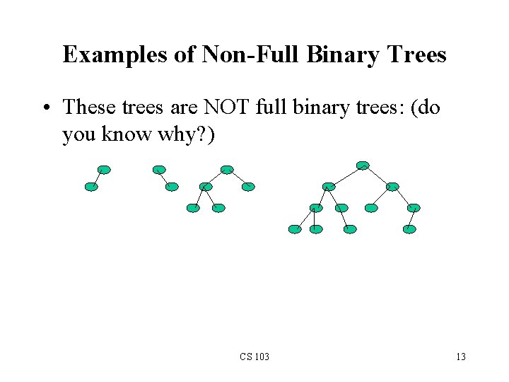 Examples of Non-Full Binary Trees • These trees are NOT full binary trees: (do