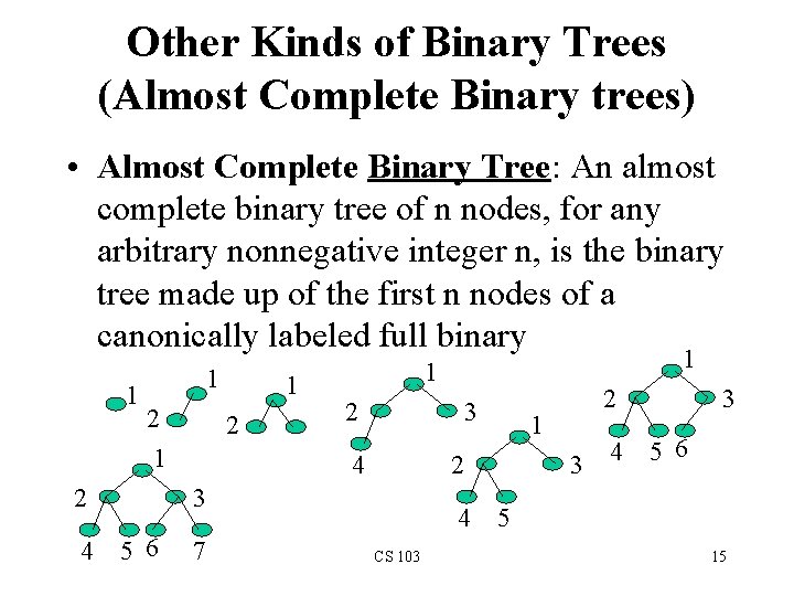 Other Kinds of Binary Trees (Almost Complete Binary trees) • Almost Complete Binary Tree: