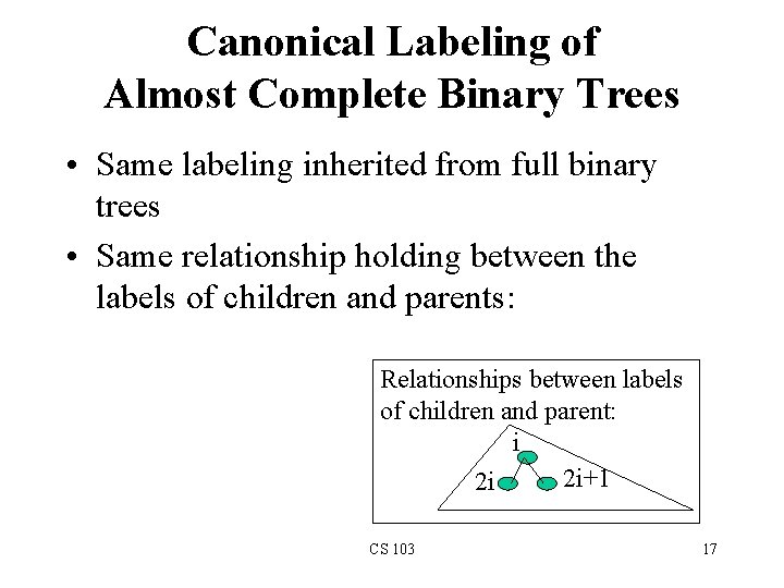Canonical Labeling of Almost Complete Binary Trees • Same labeling inherited from full binary