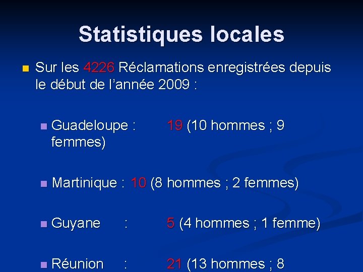 Statistiques locales n Sur les 4226 Réclamations enregistrées depuis le début de l’année 2009