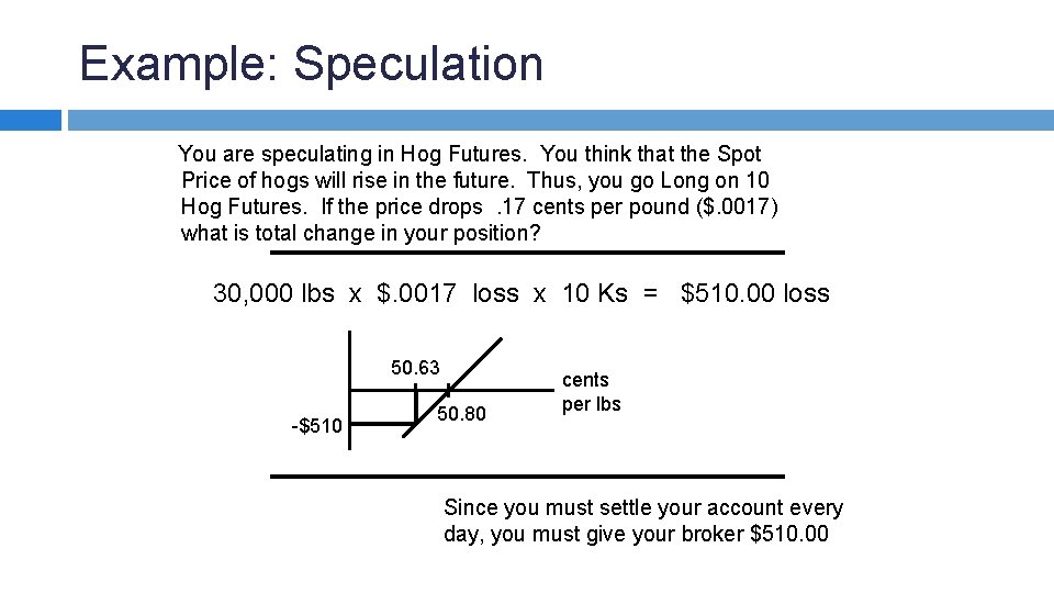 Example: Speculation You are speculating in Hog Futures. You think that the Spot Price