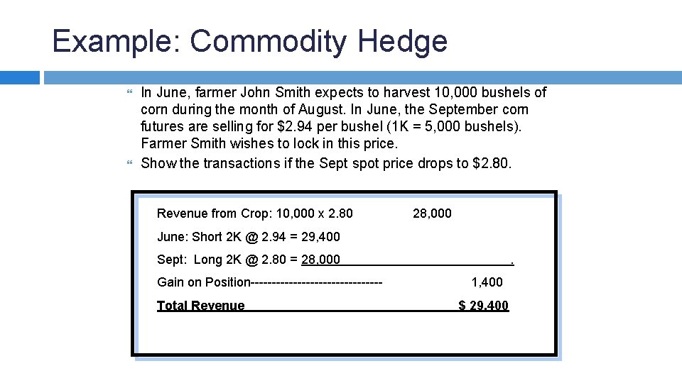 Example: Commodity Hedge In June, farmer John Smith expects to harvest 10, 000 bushels